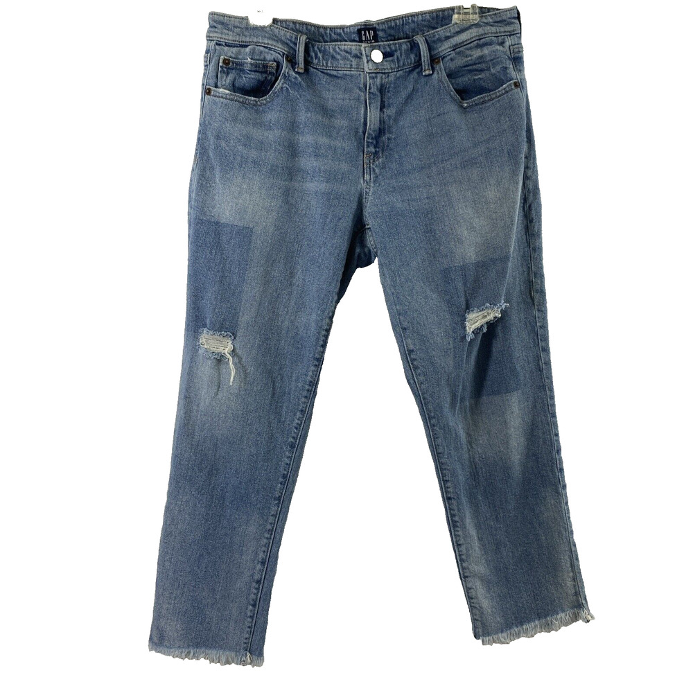 GAP Girlfriend Jeans Womens Size 31 Light Wash‎ Denim Distress Raw Hem Straight